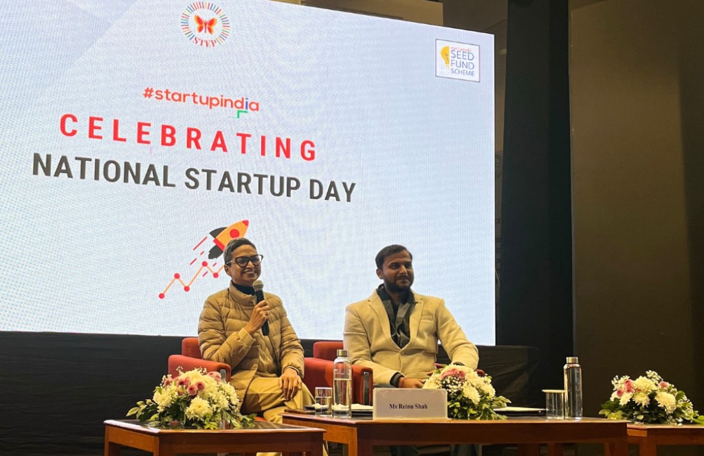 STEP at National Startup Day — panel on stage with Startup India branding